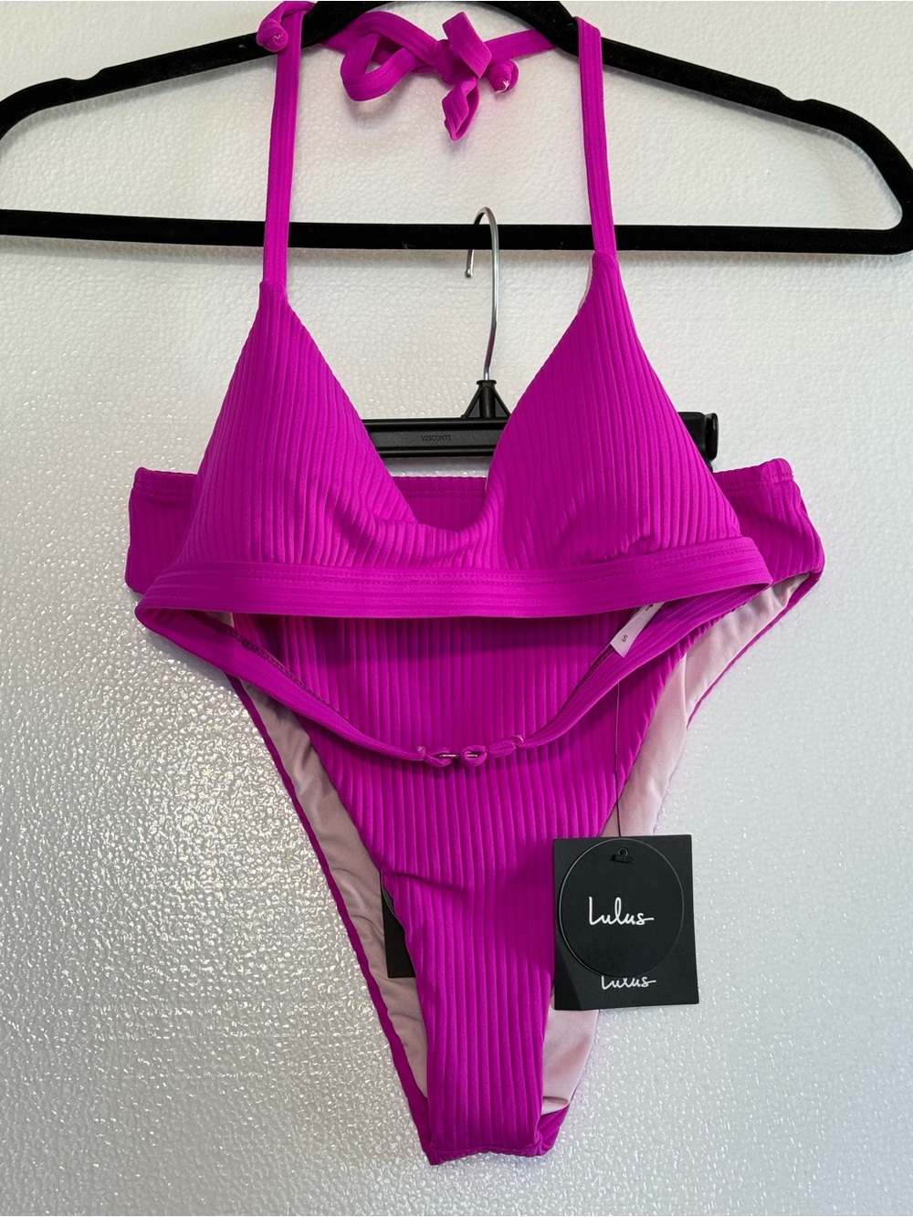 Lulus Sandy Messages Magenta Ribbed Halter Bralette Bikini Top Swimwear Set Sz S